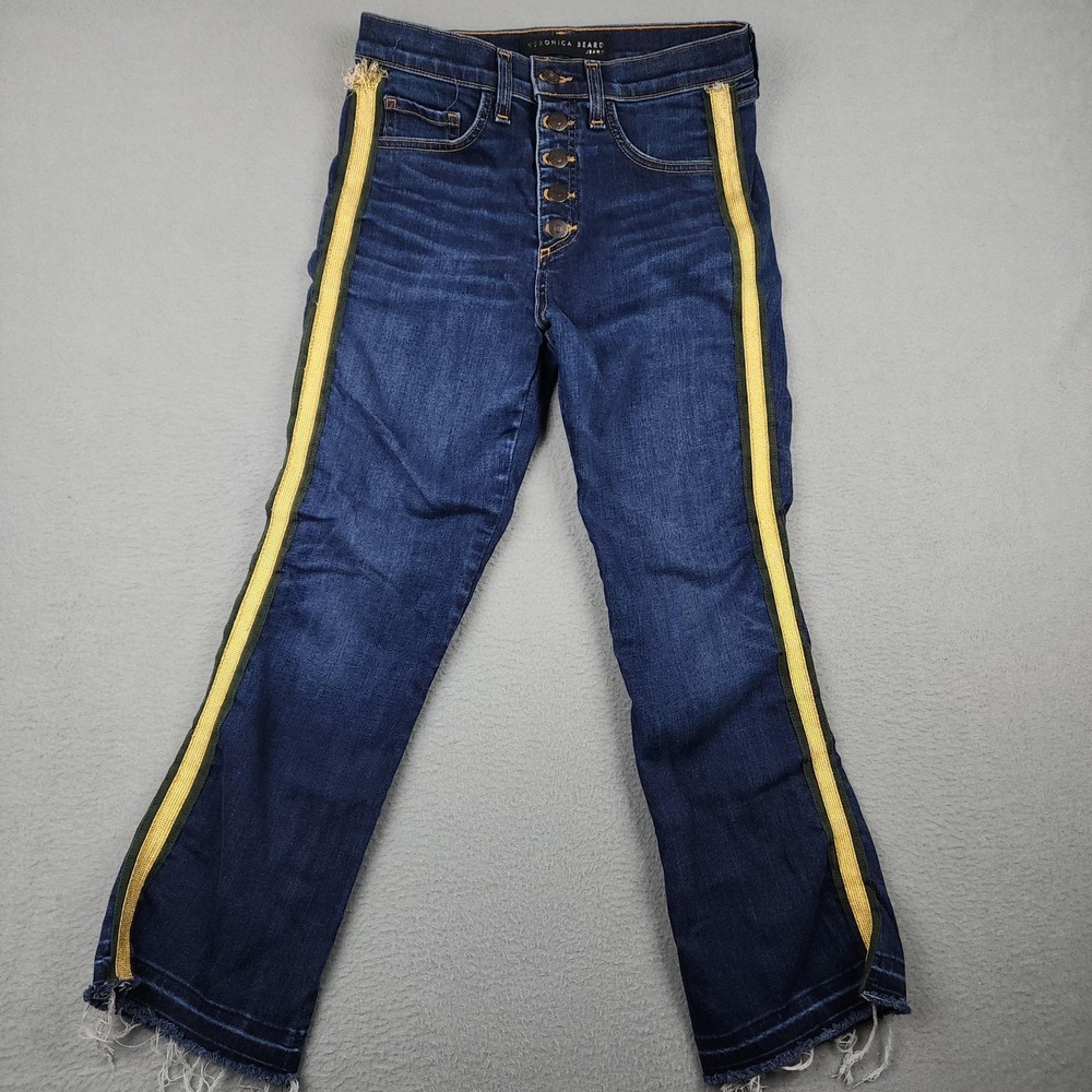 Veronica Beard Carolyn 10" Baby Boot Jeans Womens 31 Blue Stripe Frayed Stretch
